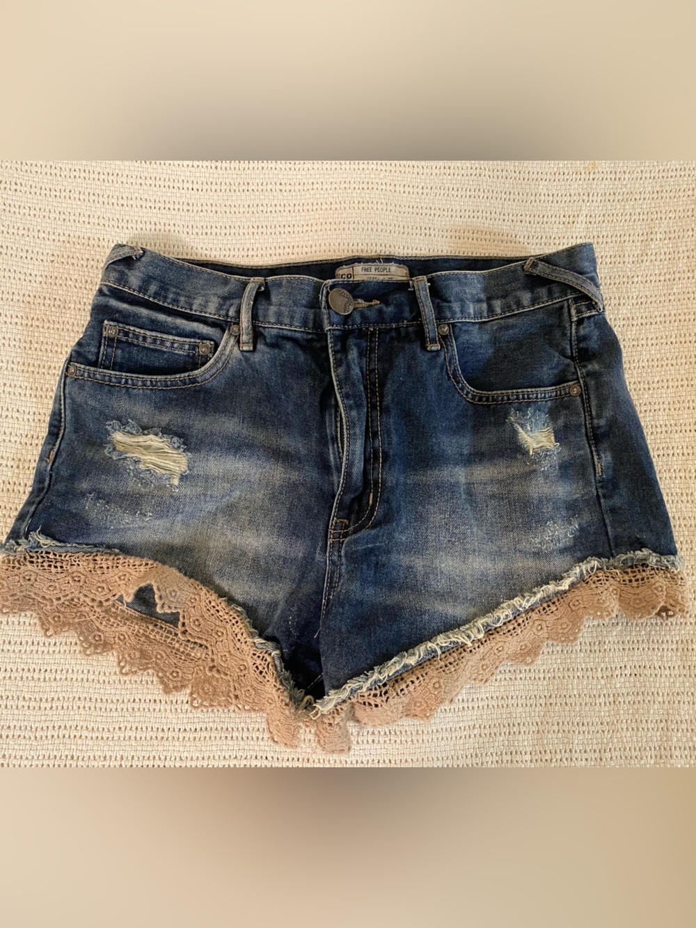 Free People Distressed Blue Denim Shorts with Tan Lace Trim